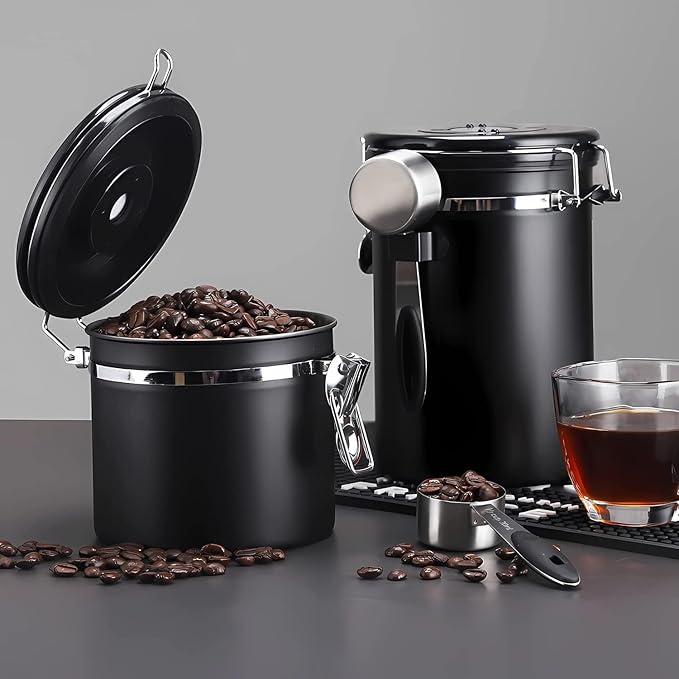 ShanSon Coffee Canister Airtight Coffee Container Stainless Steel Coffee Bean Storage Container with Scoop Coffee Canister for Beans Grounds Sugar Flour Tea Cereal,16OZ, Black