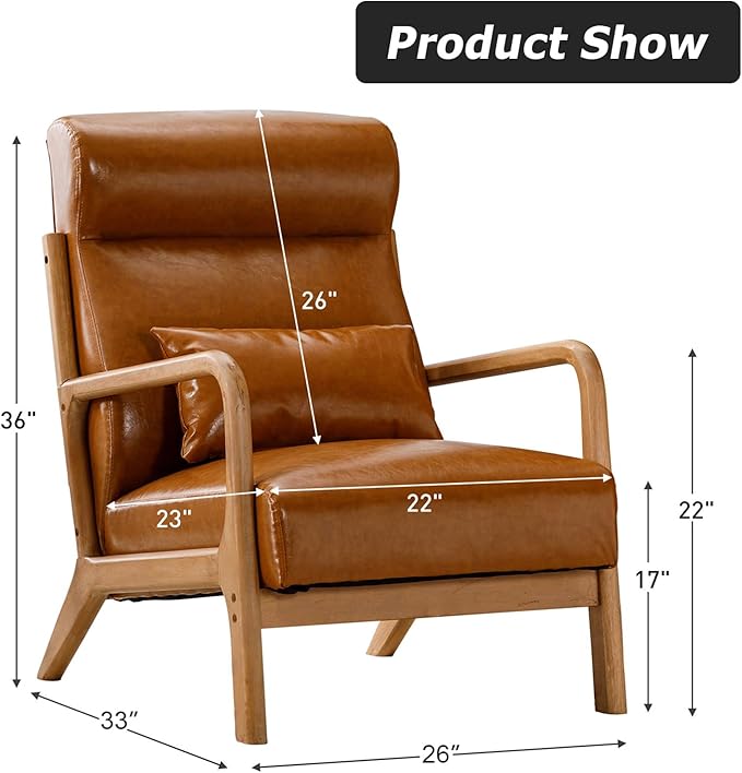 INZOY Mid Century Modern Accent Chair Set of 2, High Back Reading Armchair with Wood Frame, PU Leather Living Room Chairs with Waist Cushion, Single Lounge Arm Chair for Bedroom Sunroom, Camel
