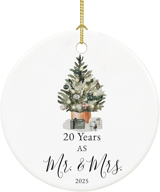 20th Anniversary Ornament Gifts for Couple, 20th Wedding Anniversary for 20 Year as Mr and Mrs Gifts, Ceramic Keepsake 20 Year Anniversary Christmas Ornaments with Ribbon and Box