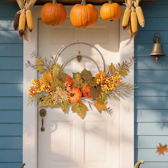 Fall Wreaths for Front Door, Autumn Wreath with Pumpkins, Berries and Leaves for Indoor Outdoor Porch Thanksgiving Farmhouse Harvest Halloween Home Décor (Orange Pumpkin)