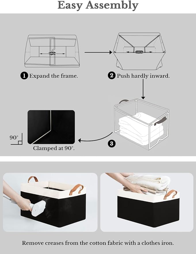 StorageWorks Storage Bins, Fabric Storage Bins for Shelves, Large Storage Baskets with Metal Frame, Closet Baskets and Bins with Handles, Black and White, 2-Pack