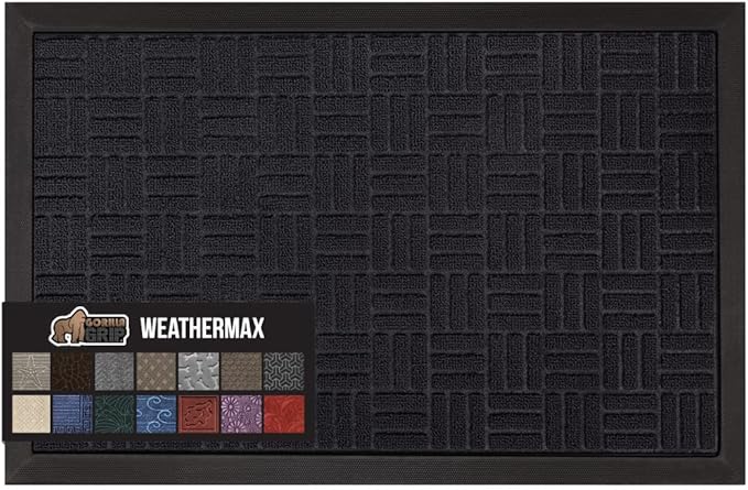 GORILLA GRIP 100% Waterproof All-Season WeatherMax Doormat, 60x24, US Designed Natural Rubber, Stain and Fade Resistant, Low Profile Indoor Outdoor Door Mats, Easy Clean Patio Mat, Midnight Maze