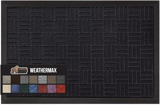 GORILLA GRIP 100% Waterproof All-Season WeatherMax Doormat, 60x24, US Designed Natural Rubber, Stain and Fade Resistant, Low Profile Indoor Outdoor Door Mats, Easy Clean Patio Mat, Midnight Maze