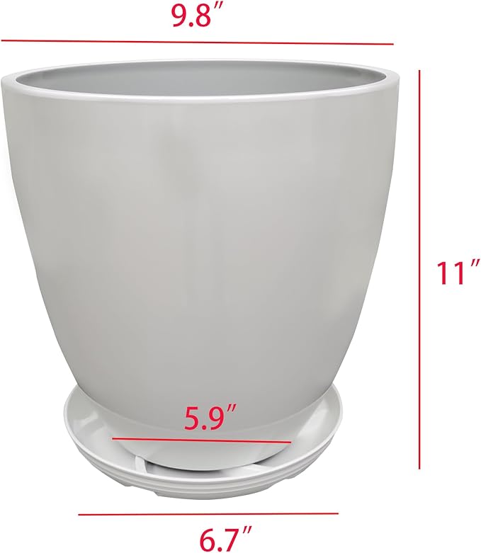 FixtureDisplays® 9.8" Diameter 11" Tall White Plant Pots, Plastic Flower Pots with Drainage Holes and Saucers for Indoor and Outdoor 15747-NF
