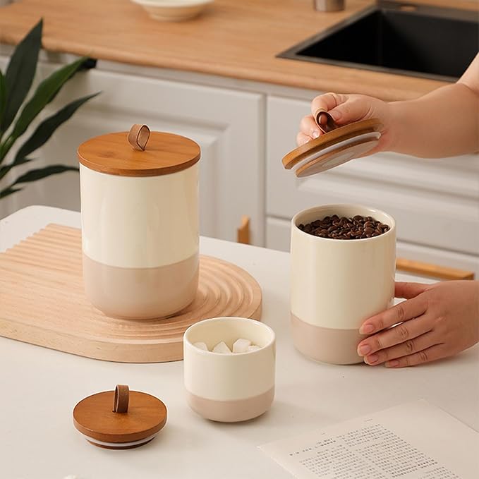 Coffee Canister, Ceramic Food Storage Jars with Lids Salt Matcha Container Brown Sugar Container Bowl for Kitchen Tea, Coffee Beans, Spice (#001Khaki-Set of 3)