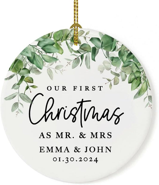 Andaz Press Personalized Our First Christmas As Mr. & Mrs. 2024 Christmas Ornaments Greenery 2.8" Round Porcelain Ceramic 1st Year Married Custom Ornament Keepsake for Newlyweds 1-Pack