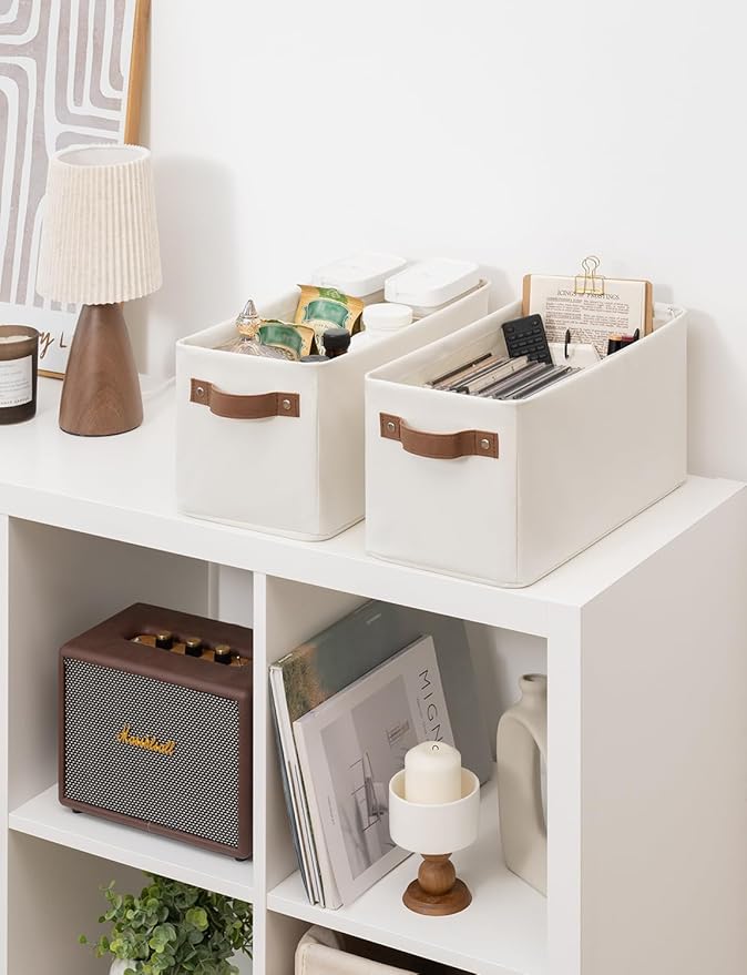 StorageWorks Narrow Storage Bins, Small Basket for Closet and Shelves, Rectangular Fabric Organizer with Handles, Toilet Paper Storage, Beige, 2-Pack