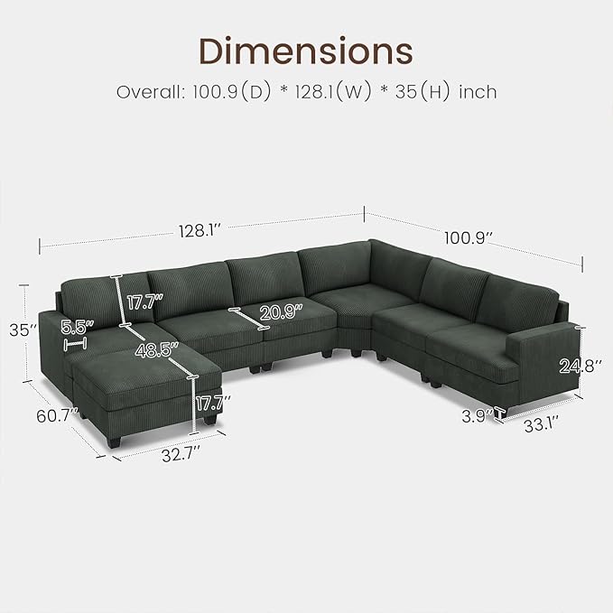 Nolany Modular Sectional Couch with Storage Ottoman, Corduroy Sectional Sofa with Chaise, U Shape Sectional Couches for Living Room, Green