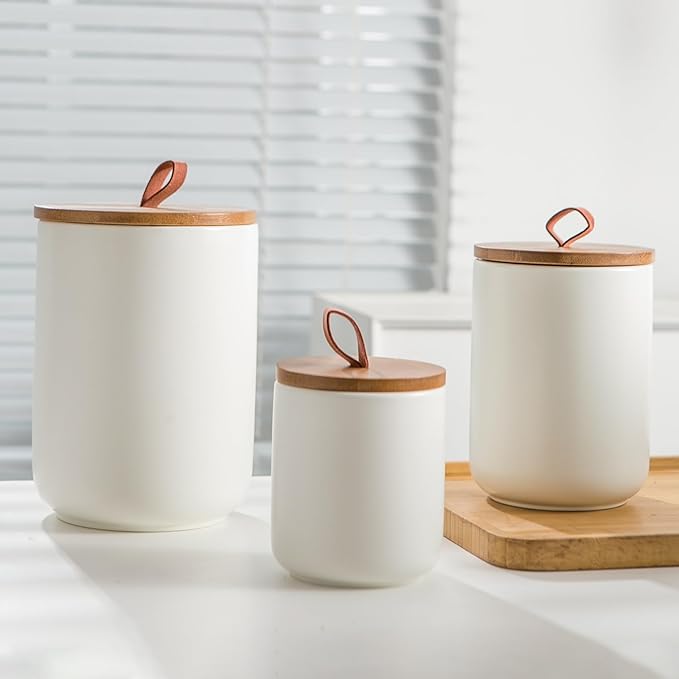 White Ceramic Canister Set with Wooden Lid, 3-Piece Food Storage Jars for Kitchen Counter, Storage Container for Coffee, Tea, Spice, Sugar, Grains, Salt