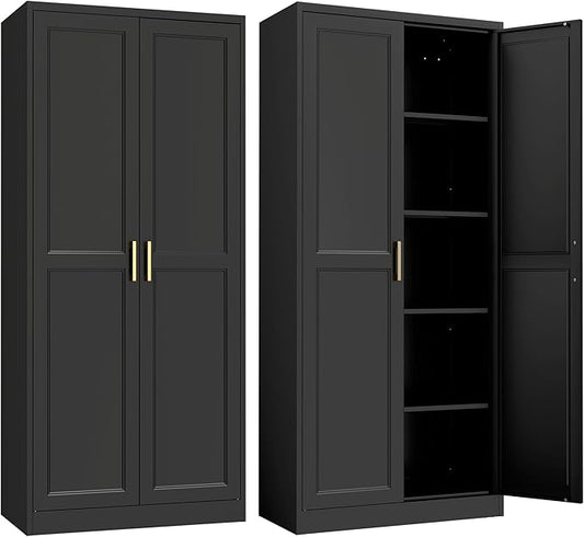 Kitchen Pantry Cabinet,71”Black Metal Pantry Storage Cabinet with Doors and 4 Adjustable Shelves,Kitchen Cabinet with 2 Gold Handles,Tall Cabinet for Livingroom,Pantry, Bathroom