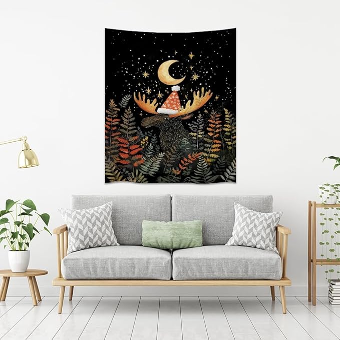 Cute Moose Tapestry Winter Christmas Aesthetic Wall Hanging Decor Funny Animal Lover Gift Whimsical Christmas Tapestries for Nursery Kids Bedroom Home Living Room Decoration 60x80inch