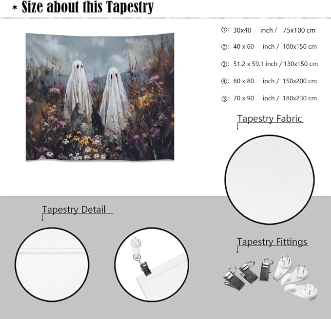 Halloween Ghosts in Wildflowers Tapestry Wall Hanging Spooky Cute Ghost Floral Tapestries Victoria Moody Artwork Aesthetic Print for Goth Living Room Bedroom wall Decor 40x60inch