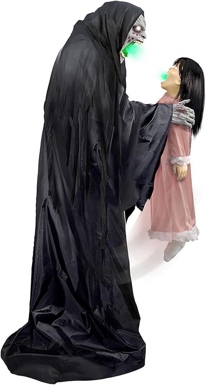 Haunted Hill Farm Soul Sucker Demon Reaper with Child by Tekky, Motion-Activated Talking Halloween Animatronic for Creepy Indoor or Covered Outdoor Halloween Decorations, Plug-in or Battery Operated