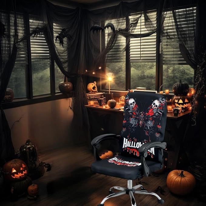 Halloween Office Chair CoversHorror Bloody Handprints Footprints on White Horror Theme Print Stretchable Slipcover for Modern Simplism Style High Back Boss Chair(No Chair) (Halloween08, L)…