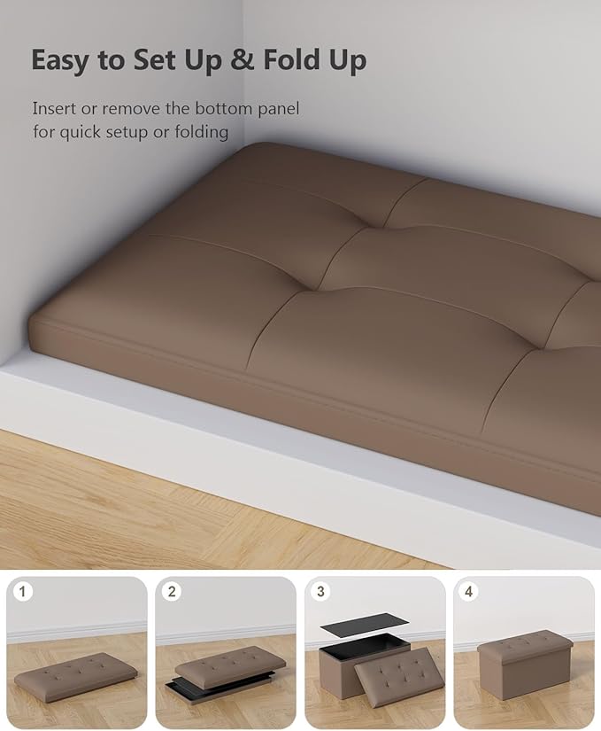 Storage Ottoman Bench, Folding Ottoman Foot Rest, 15 x 30 x 15 Inches, End of Bed Bench,Storage Chest, for Living Room, Bedroom, Hallway, Entryway, Brown