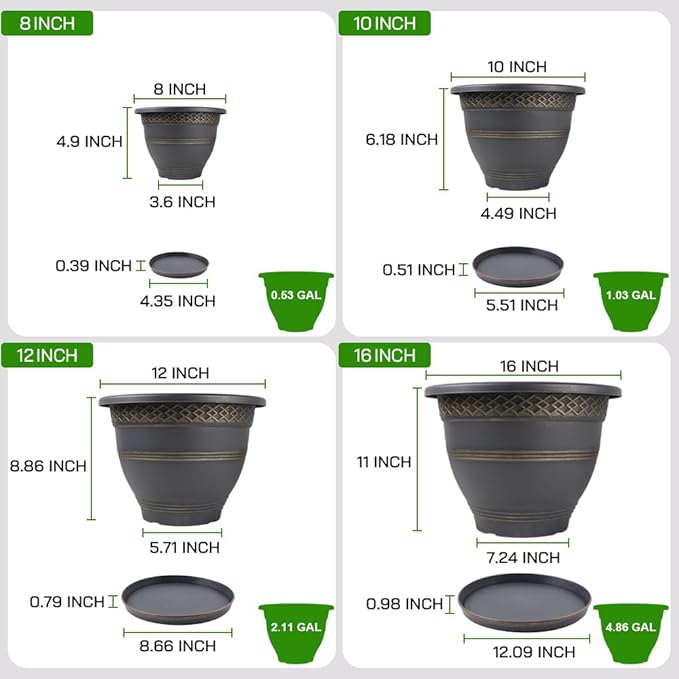 6 Pack 8 Inch Plant Pots, Plastic Flower Pot for Indoor & Outdoor with Drainage Holes & Saucer, Plaid Pattern Planters Garden Pots for Herbs