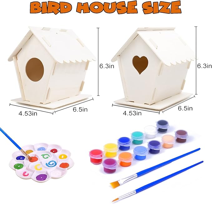 hapray 2 Pack Bird House Kit, DIY Birdhouse Kits, Wooden Crafts Arts for Children to Build and Paint (Includes Paints & Brushes) for Kids Girls Boys Toddlers Halloween Christmas Gifts