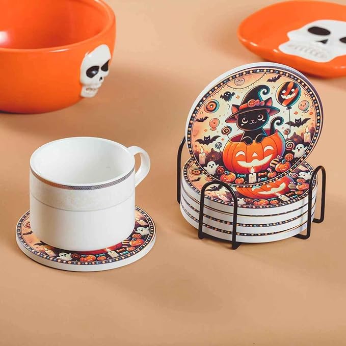 Halloween Ceramic Coasters Set of 6 with Holder – Black Cat in Pumpkin Design – Non-Slip Absorbent Drink Coasters for Halloween Party Decor and Gifts