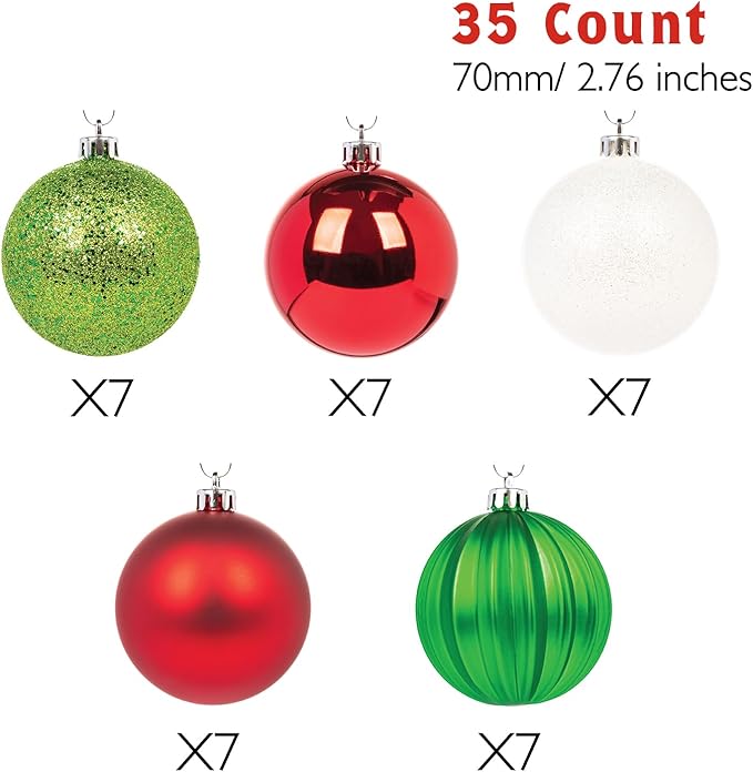 Every Day is Christmas Ornaments, Shatterproof Christmas Tree Ornament Set, Christmas Balls Decoration 35 Count (2.75"/70mm, Green Red White)