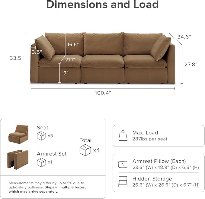mopio Oversized Modular Sectional Sofa with Fully Removable Covers and Storage, Convertible U, L-Shaped and Sleeper Sectional, Modern Couches with Ottoman Chaise (Hazelnut Velvet, 3 Seater)