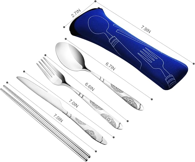 20PCS Premium Travel Utensils With Case, Stainless Steel Reusable Portable Utensils Set With Case, Lengnoyp Travel Silverware Set With Case for Lunch Box Camping, Silver