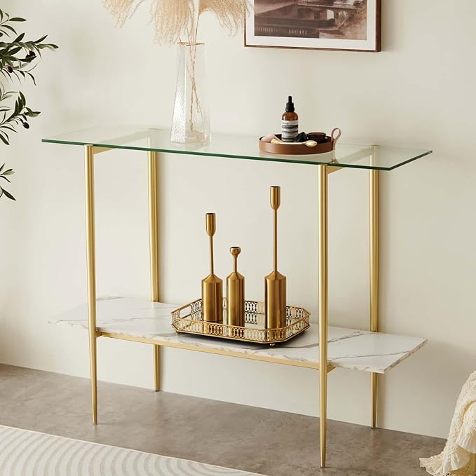 Glass Console Table for Living Room, Foyer & Entrance, 2-Tiers Mid-Century Modern Sofa Table with Clear Glass Top, White Marble Finish Wood Shelf and Gold Finish Frame