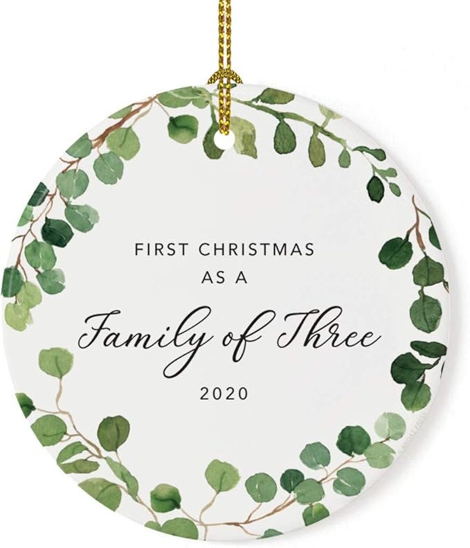 Andaz Press Custom Year Round Ceramic Porcelain Christmas Tree Ornament Keepsake Collectible Gift, First Christmas as a Family of Three 2025, Farmhouse Eucalyptus Wreath, 1-PackNew