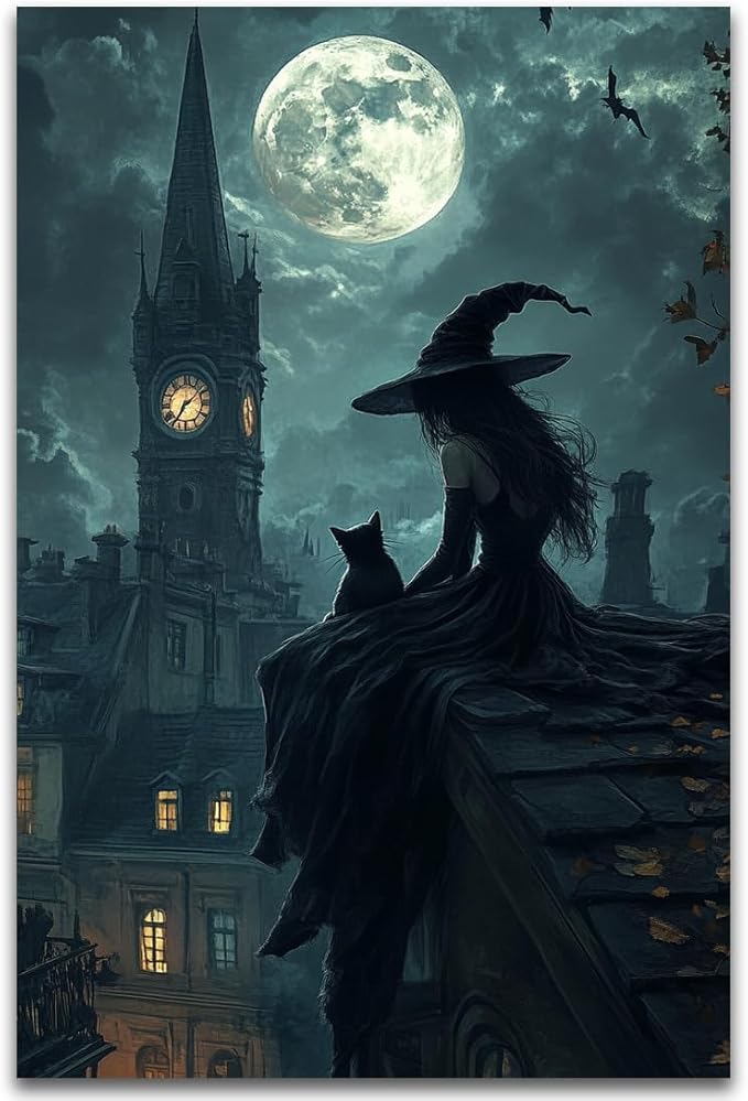 Halloween Witch Black Cat Wall Art,Magical Moon Witch on Roof with Black Cat at Night Scene Painting Haunting Dark Witches Canvas Print for Haunted House Party Decor Poster,16"x24" Unframed