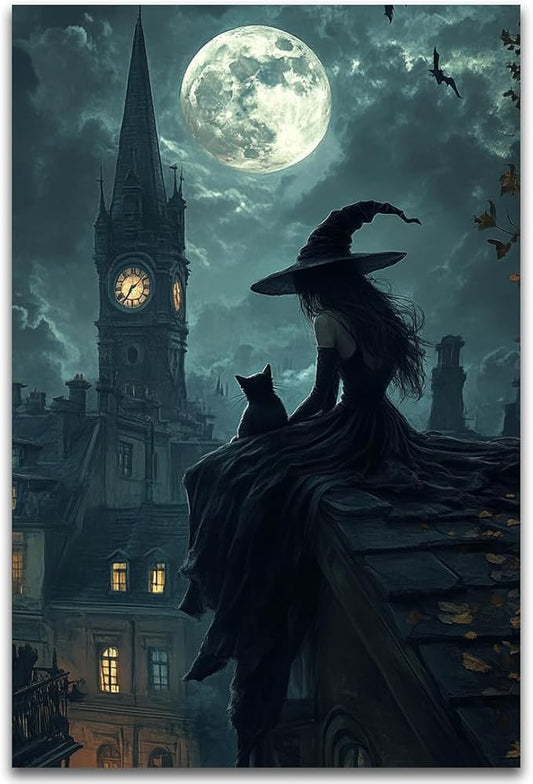 Halloween Witch Black Cat Wall Art,Magical Moon Witch on Roof with Black Cat at Night Scene Painting Haunting Dark Witches Canvas Print for Haunted House Party Decor Poster,16"x24" Unframed