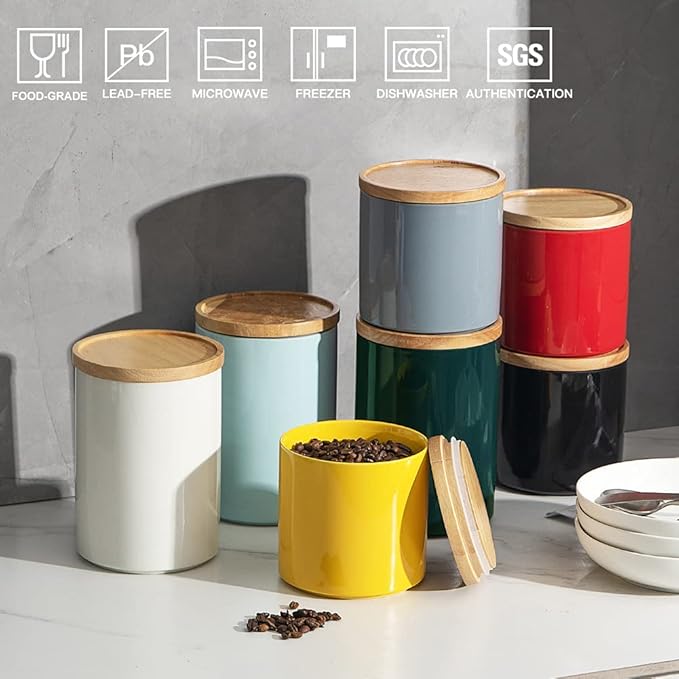 Sweejar Kitchen Canisters Ceramic Food Storage Jar, Stackable Containers with Airtight Seal Wooden Lid for Serving Coffee Bean, Flour, Tea, Spice and More - 39 Fl Oz (Gray)