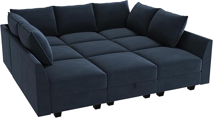 HONBAY Sectional Sleeper Sofa Velvet Sectional Sleeper Couch with Storage Modular Sleeper Sectional Sofa Couch for Living Room,Dark Blue