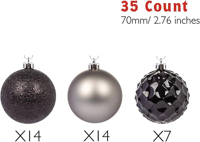 Every Day is Christmas Ornaments, Shatterproof Christmas Tree Ornament Set, Christmas Balls Decoration 35 Count (2.75"/70mm, Black Grey)