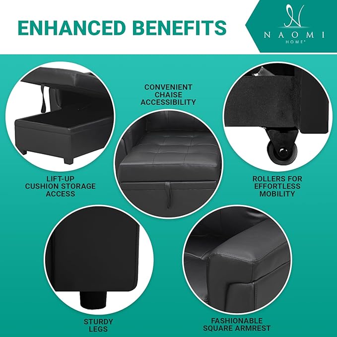 Naomi Home Jenny Sectional Sofa Sleeper with Storage Chaise, Tufted Pull Out Couch with Storage, L-Shaped Reversible Sleeper Sofa with Storage, Black,Air Leather