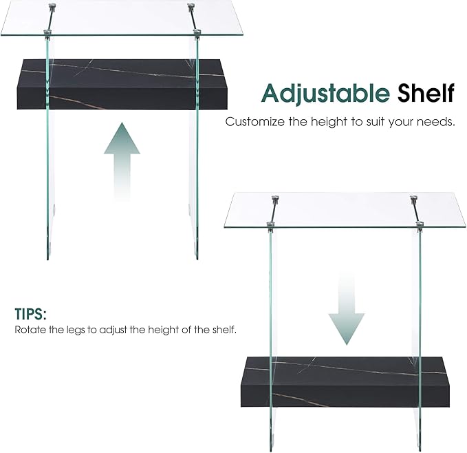 ivinta Glass Console Table with Storage, 31.5'' Modern Narrow Sofa Table for Small Space with Natural Wood Shelves for Living Room, Hallway, Foyer, Bedroom 5103 (Black)