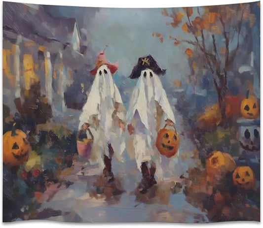 Funny Halloween Ghost Tapestry Wall Hanging Cute Kids Nursery Room Decor Trick or Treat Art Print Goth Fall Pumpkin Ghost Tapestries for Living Room Bedroom wall Decor 40x60inch