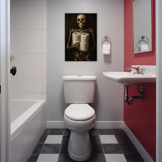 Gothic Skull Wall Art Funny Skeleton with Toilet Paper Canvas Print Vintage Skull Painting Framed Artwork for Living Room Home Halloween Wall Decor(Artwork-8,20"x30")