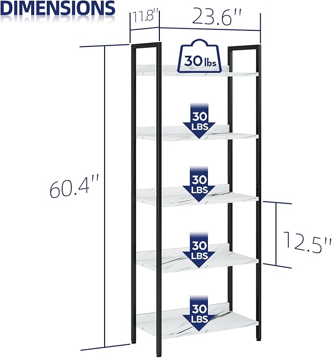 NUMENN Bookshelf, 5 Tier Bookshelves, Home Office Bookcase Shelf Storage Organizer, Free Standing Storage Shelving Unit for Bedroom, Living Room and Home Office, White Marble