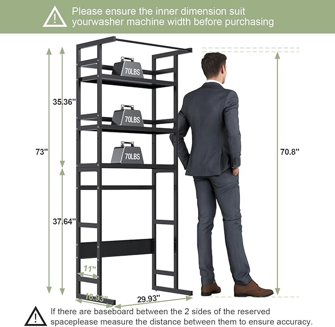 Dryer Storage Shel andf Over The Washer - Adjustable 4-Tier Heavy Duty Laundry Room Organizer, All Carbon Steel Standing Shelf with Hanging Rod, Anti-Tip Design, Super Stable 29.93" L x 11" D x 73" H