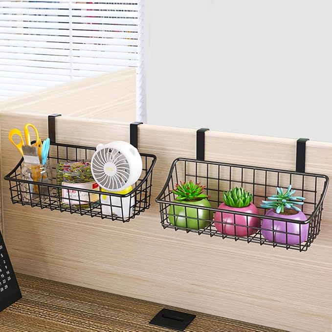LeleCAT Over Cabinet Door Basket with hook Grid Storage Basket, Kitchen Storage Organizer,Over Cabinet Door Organizer,Hanging it behind a door or on a railing, Small, BLack,2 Pack