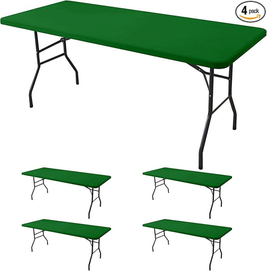 Fitted Tablecloth for 6 Foot Rectangle Tables-4 Pack Green Elastic Outdoor Picnic Table Cover-Spandex Stretch Folding Table Cloths 6 ft for Camping Dining Room Patio Kitchen Banquet Party