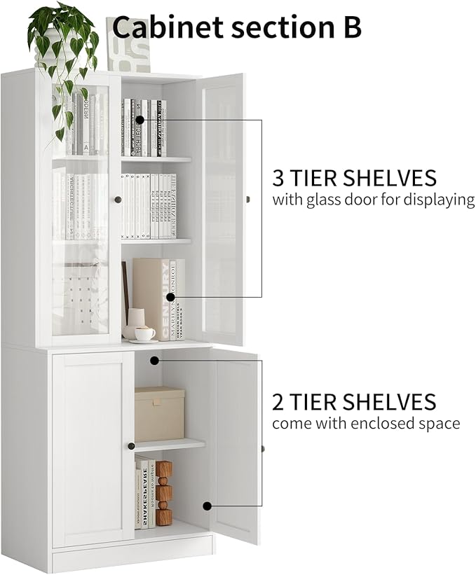 TUSY 71" Bookshelf Bookcase, 3-Tier Modern Bookshelves 3 Large Drawer, Wood Filing Cabinet with Open Storage Shelf, Glass Doors 5-Tier Fixed Storage Shelves for Home Office