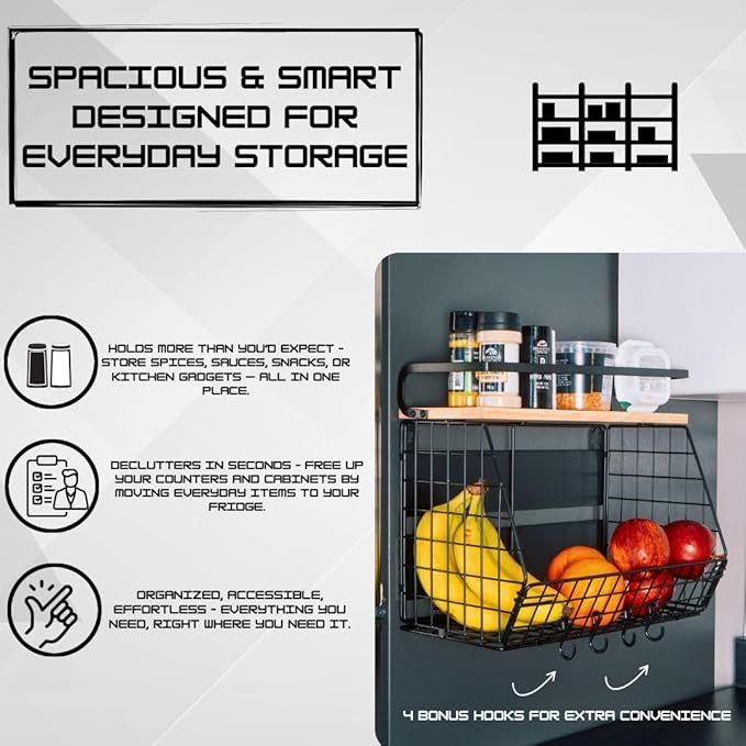 Magnetic Shelf For Fridge with Wood Lid - Fridge Magnet Organizer with 4 Hooks, Magnetic Basket for Fridge, Magnetic Storage for Refrigerator, Magnetic Spice Rack for Refrigerator