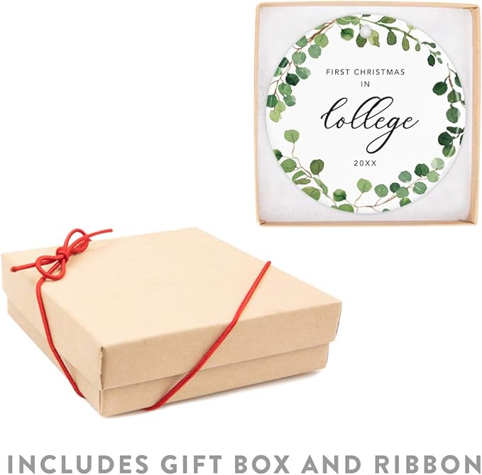 Andaz Press Custom Year Round Ceramic Porcelain Christmas Tree Ornament Keepsake Collectible Gift, First Christmas in College 2025, Farmhouse Eucalyptus Wreath, 1-PackGraduation Gift Ideas