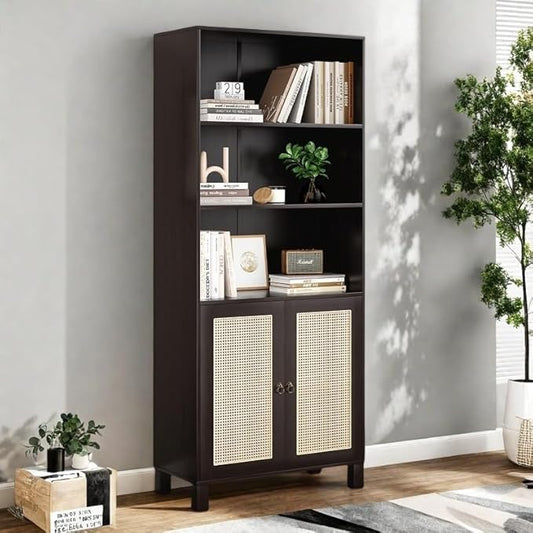 Tall Bookshelf, 5-Tier Book Shelf with 2 Rattan Doors, Freestanding Bookcase Display Shelves with Large Storage, Book Case for Living Room, Office, Study, Bedroom, 70.9 Inch