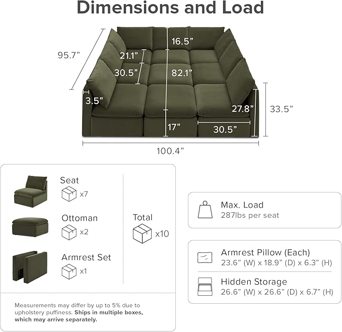 mopio Oversized Modular Sectional Sofa with Fully Removable Covers and Storage, Convertible U, L-Shaped and Sleeper Sectional, Modern Couches with Ottoman Chaise (Olive Green Velvet, 9 Seats, Sleeper)
