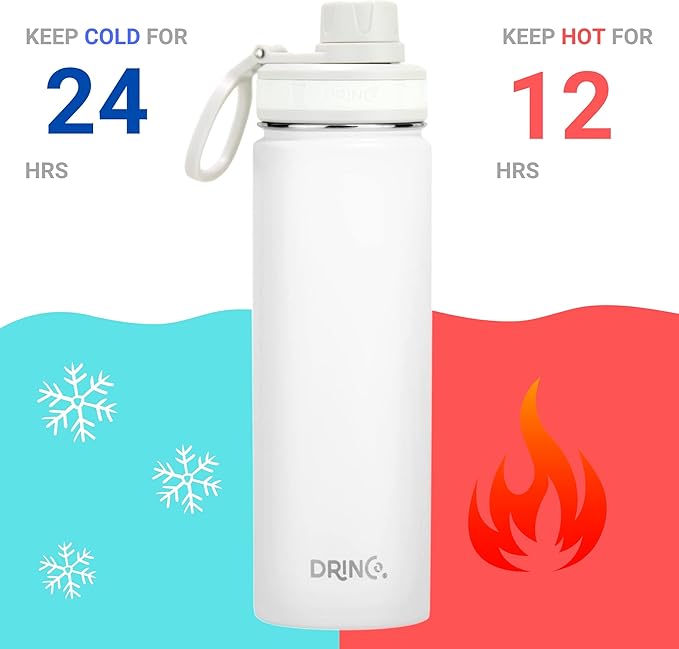 DRINCO Stainless Steel Water Bottle Spout Lid Vacuum Insulated Double Wall Water Bottle Wide Mouth (40oz 32oz 22oz 18oz 14oz) Leak Proof Keeps Cold or Hot (22 oz, 22oz Artic White)