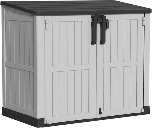 Outdoor Storage Shed Resin Tool Shed, 36 Cu Ft Waterproof Outdoor Horizontal Storage, Weather-Resistant Utility Shed with Air Vent for Trash and Lockable Doors, Garden Tools