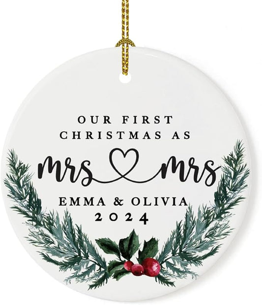 Andaz Press Personalized Our First Christmas As Mrs. & Mrs. 2025 Christmas Ornaments Holly & Pine Wreath 2.8" Round Porcelain Ceramic Lesbian Married Couple Gay Women Newlyweds Wedding Keepsake 1-Pack