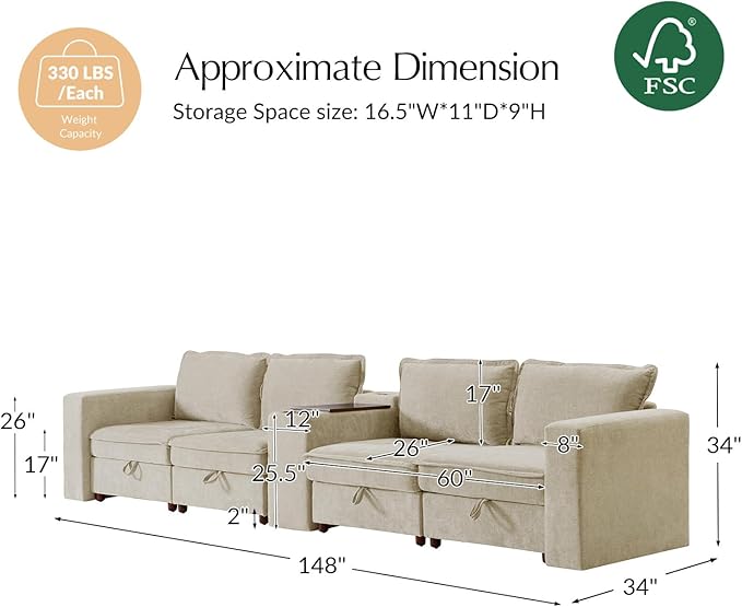 HULALA HOME 148" Modular Sectional Sofa with USB Port and Console, 4 Seater Sofa with Storage Ottoman, Oversized Sectional Couches for Living Room, FSC Certified, Beige