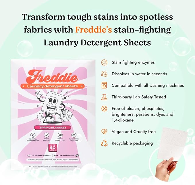 Freddie Laundry Detergent Sheets - Recyclable Packaging - No Mess Strips - 60 Loads - Floral Spring Blossom Scent